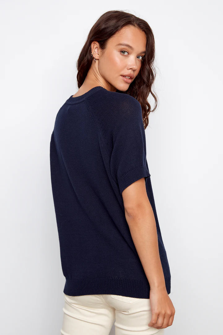 Raglan Short Sleeve Crew Neck Sweater by Charlie B in Navy