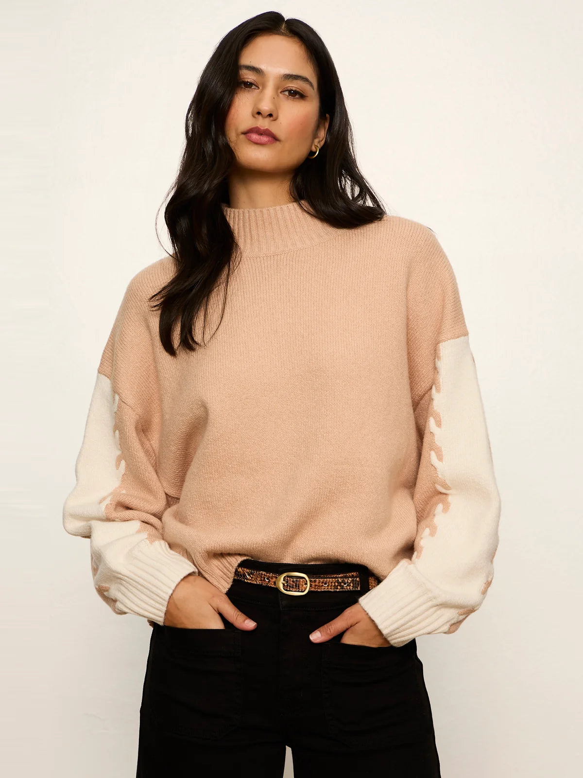 Color Block Mock Neck Pullover by Sanctuary in Hazelnut/Bone