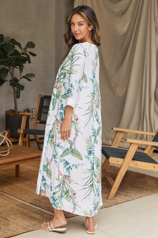 Linen Eucalyptus Print Long Sleeve V-Neck Maxi Dress by Milio Milano