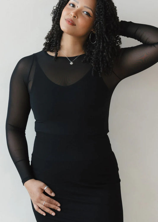 Sheer Mesh Long Sleeve Top in Black by Elietian