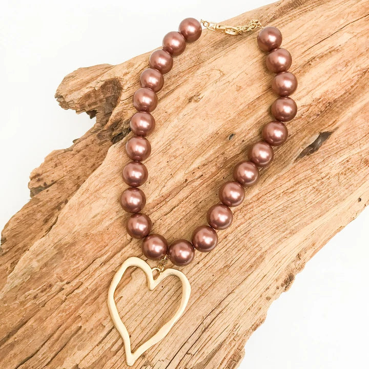 Heart Pendant on 16" Jumbo Round Shell Pearl Necklace by Virtue in Copper