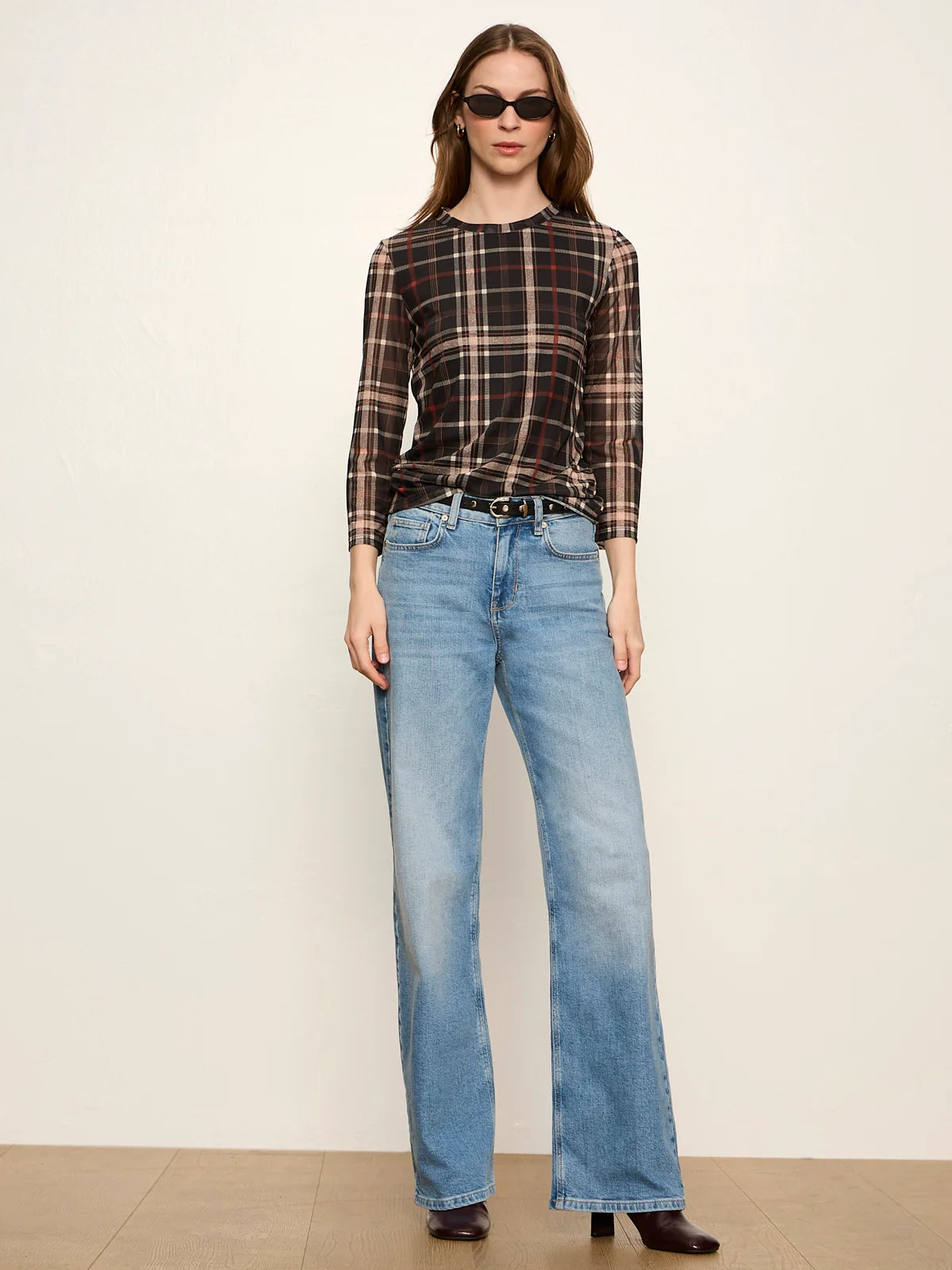 Mesh 3/4 Sleeve Top by Sanctuary in Cinder Plaid
