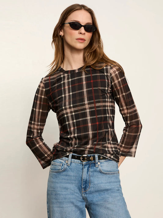 Mesh 3/4 Sleeve Top by Sanctuary in Cinder Plaid