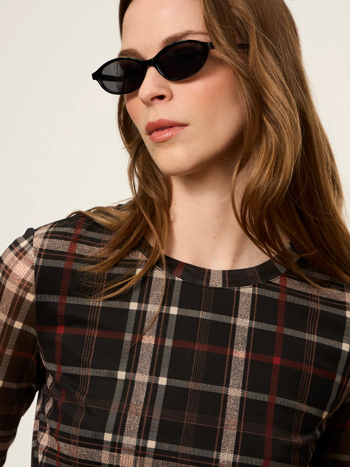 Mesh 3/4 Sleeve Top by Sanctuary in Cinder Plaid