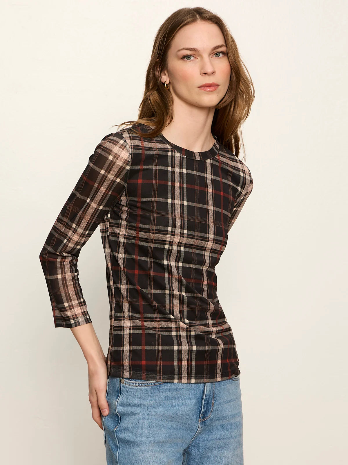 Mesh 3/4 Sleeve Top by Sanctuary in Cinder Plaid