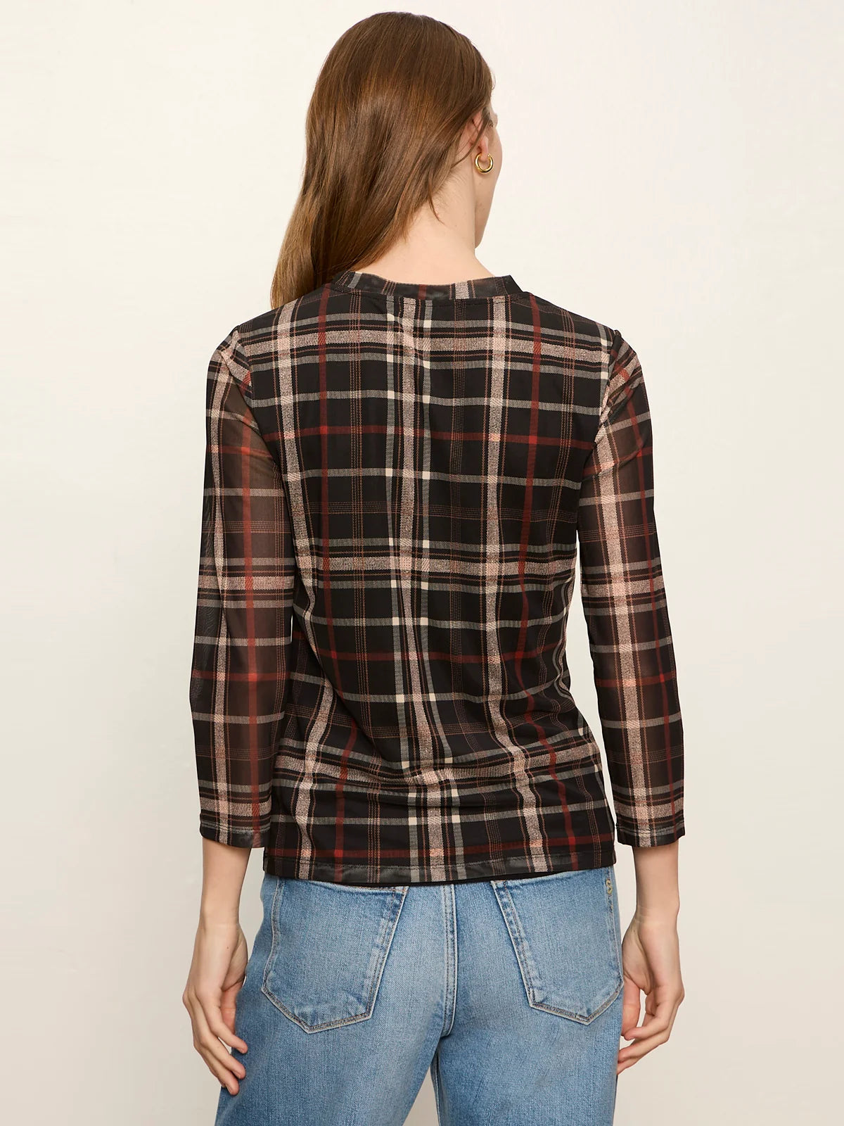 Mesh 3/4 Sleeve Top by Sanctuary in Cinder Plaid