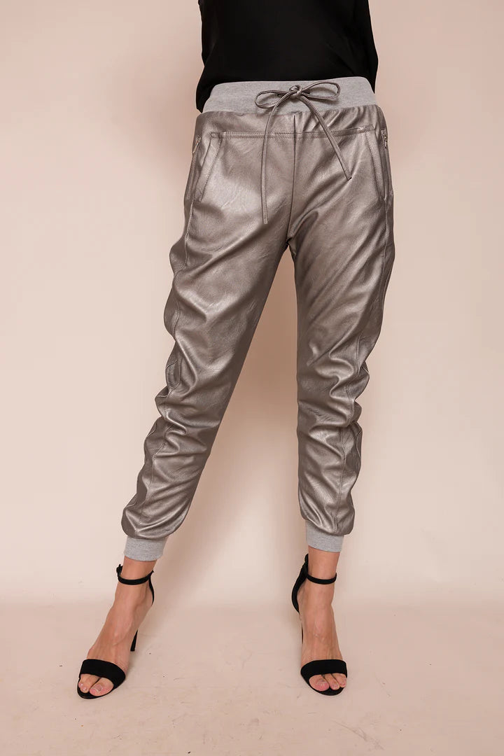 Faux Leather Ultimate Joggers by Suzy D London in Metallic Grey
