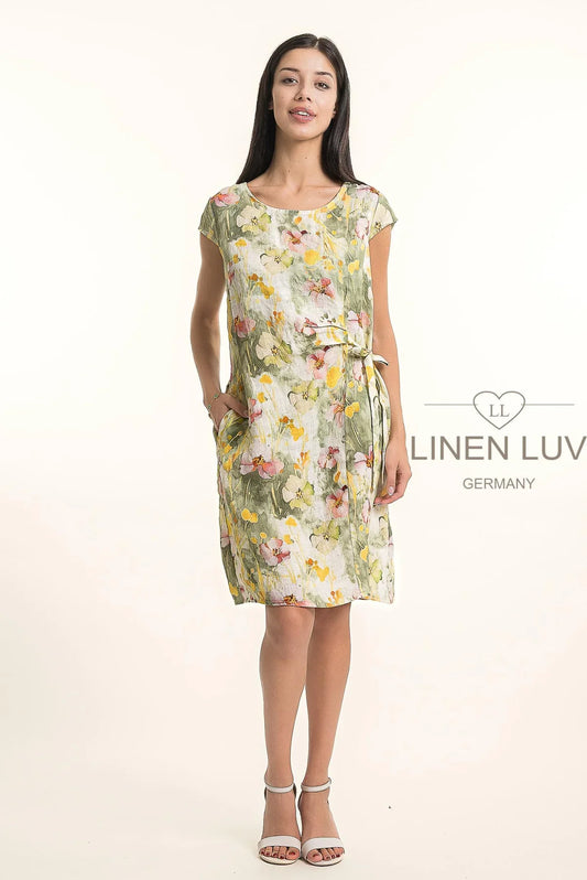 Floral Side Tie Dress by Linen Luv in Sage Print