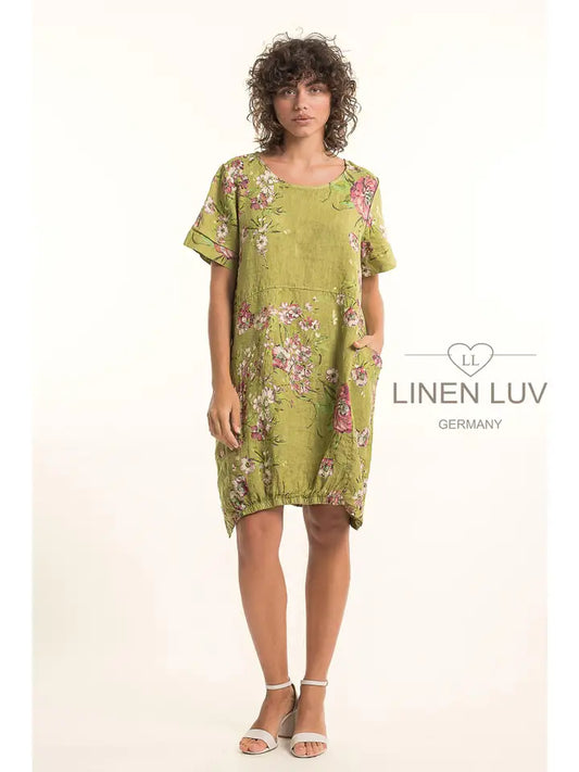 Elastic Bottom Bubble Dress by Linen Luv in Anis