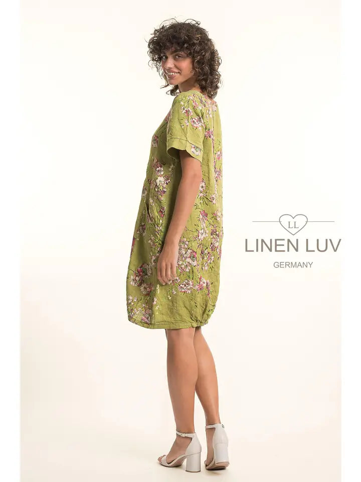 Elastic Bottom Bubble Dress by Linen Luv in Anis
