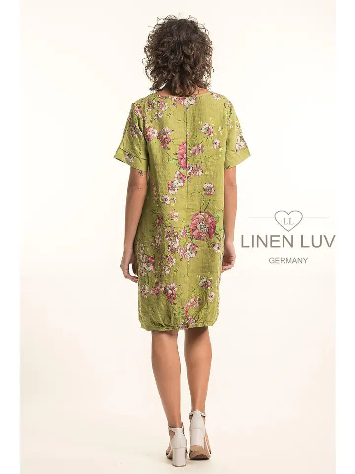 Elastic Bottom Bubble Dress by Linen Luv in Anis