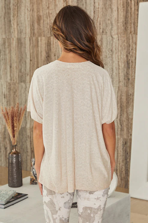 Cotton Short Sleeve Loose Fit V-Neck Top by Milio Milano in Beige