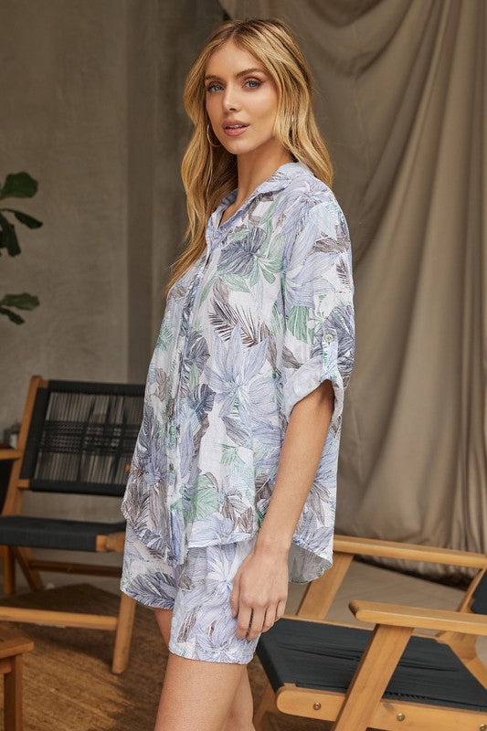 Linen Palm Print Shirt by Milio Milano in White