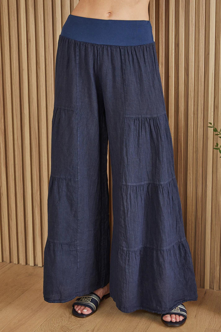 Linen Tiered Palazzo Pant by Milo Milano in Navy Blue