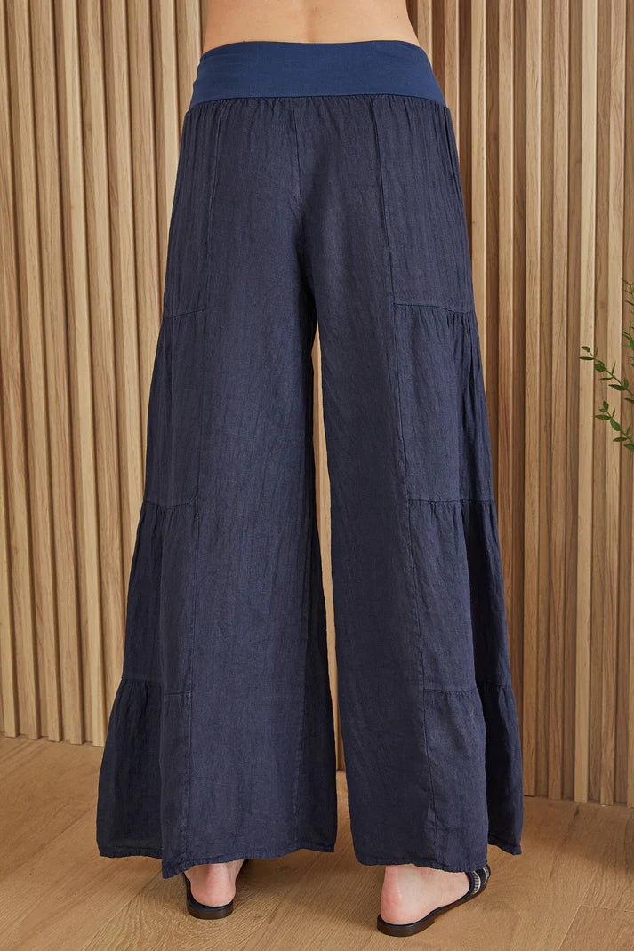 Linen Tiered Palazzo Pant by Milo Milano in Navy Blue