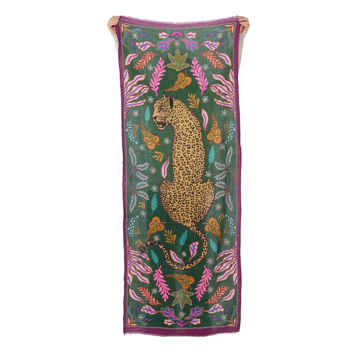 Wild Grace Wool Embroidered Scarf by Vismaya Scarves in Jungle Green