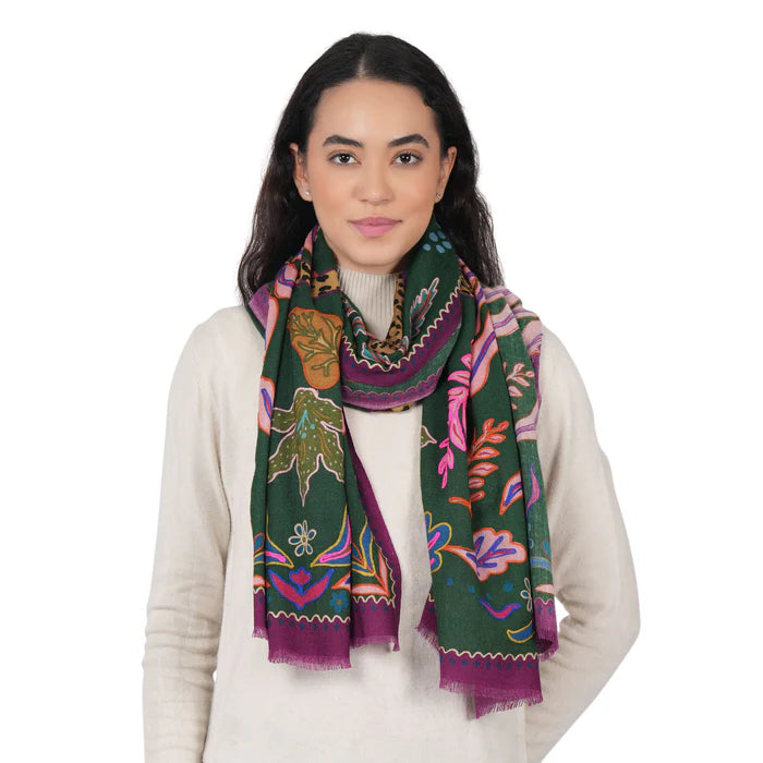 Wild Grace Wool Embroidered Scarf by Vismaya Scarves in Jungle Green