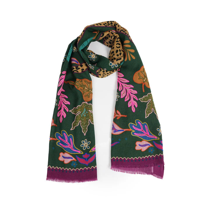 Wild Grace Wool Embroidered Scarf by Vismaya Scarves in Jungle Green