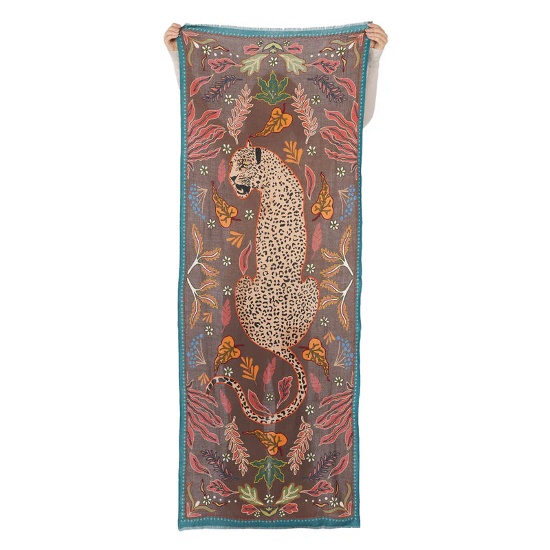 Wild Grace Wool Embroidered Scarf by Vismaya Scarves in Vintage Brown