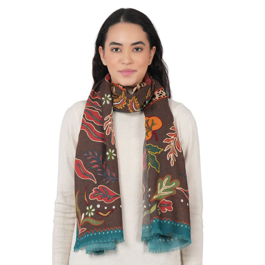 Wild Grace Wool Embroidered Scarf by Vismaya Scarves in Vintage Brown
