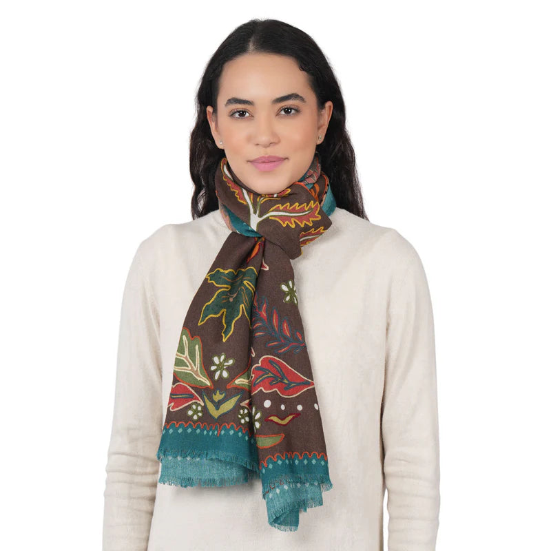 Wild Grace Wool Embroidered Scarf by Vismaya Scarves in Vintage Brown