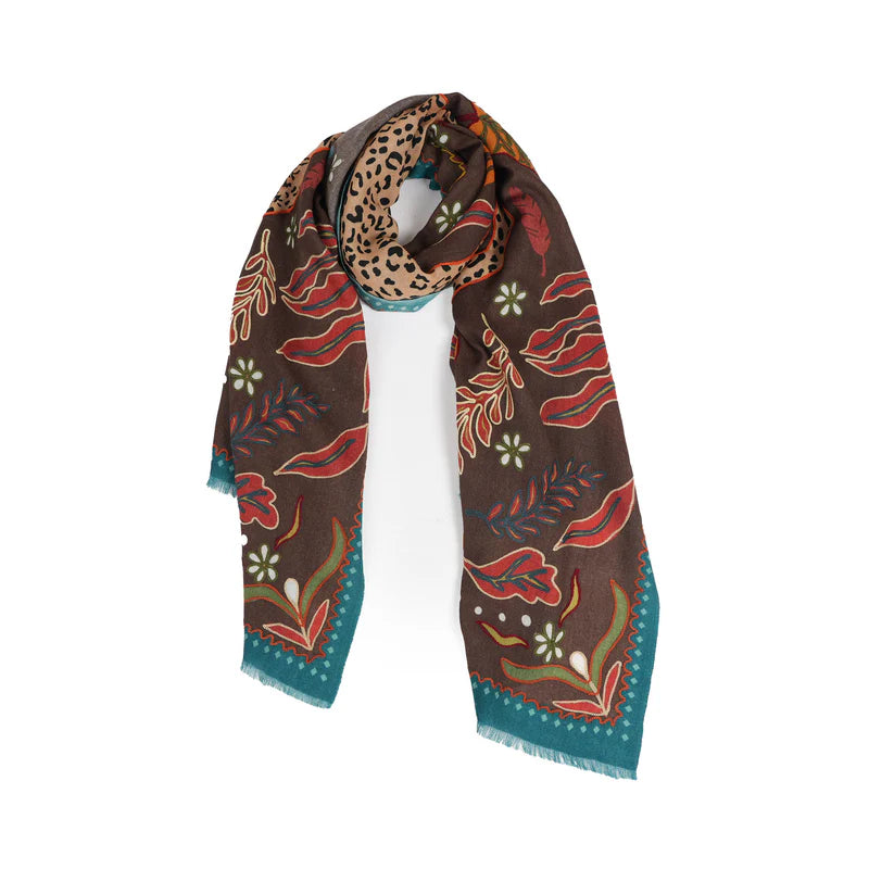 Wild Grace Wool Embroidered Scarf by Vismaya Scarves in Vintage Brown