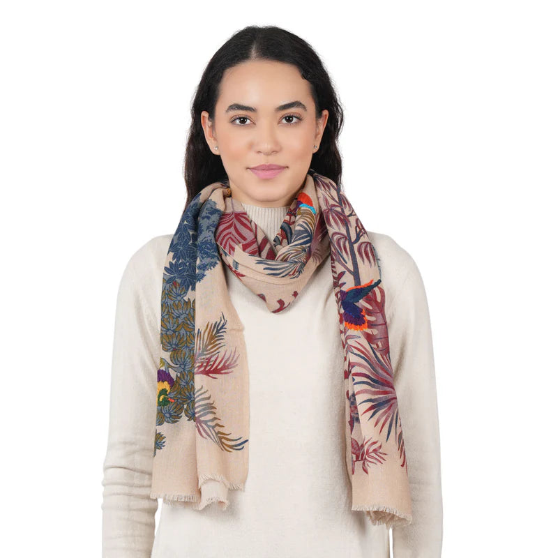 Woodland Embroidered Scarf by Vismaya Scarves in Vanilla