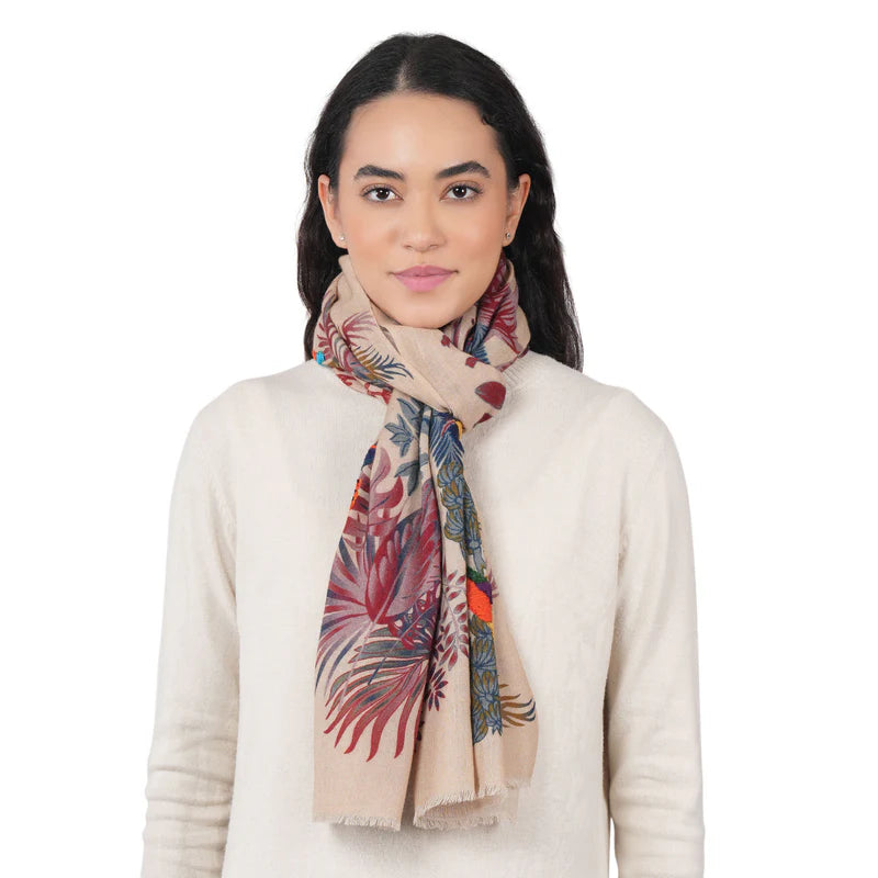 Woodland Embroidered Scarf by Vismaya Scarves in Vanilla