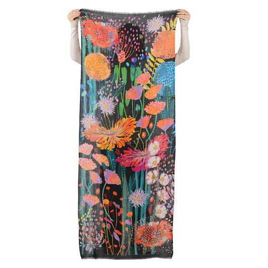 Wildflower Dusk Wool Scarf by Vismaya Scarves in Black