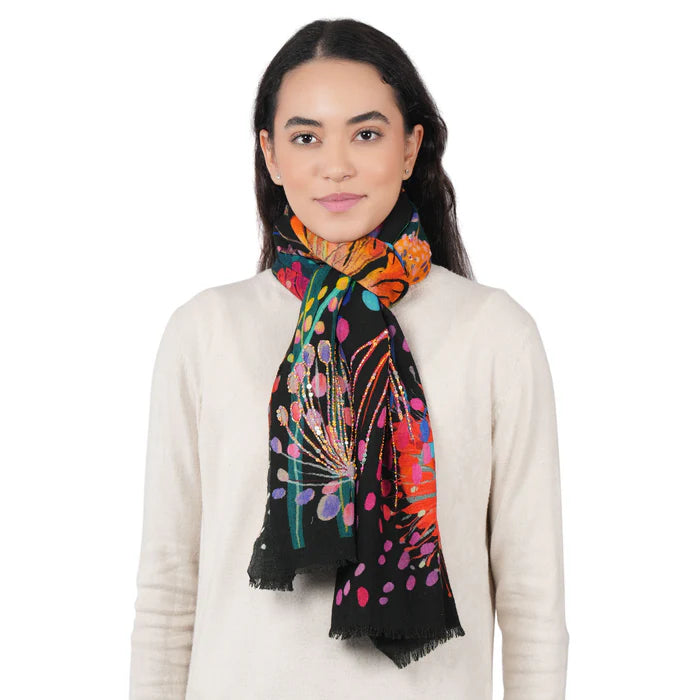 Wildflower Dusk Wool Scarf by Vismaya Scarves in Black