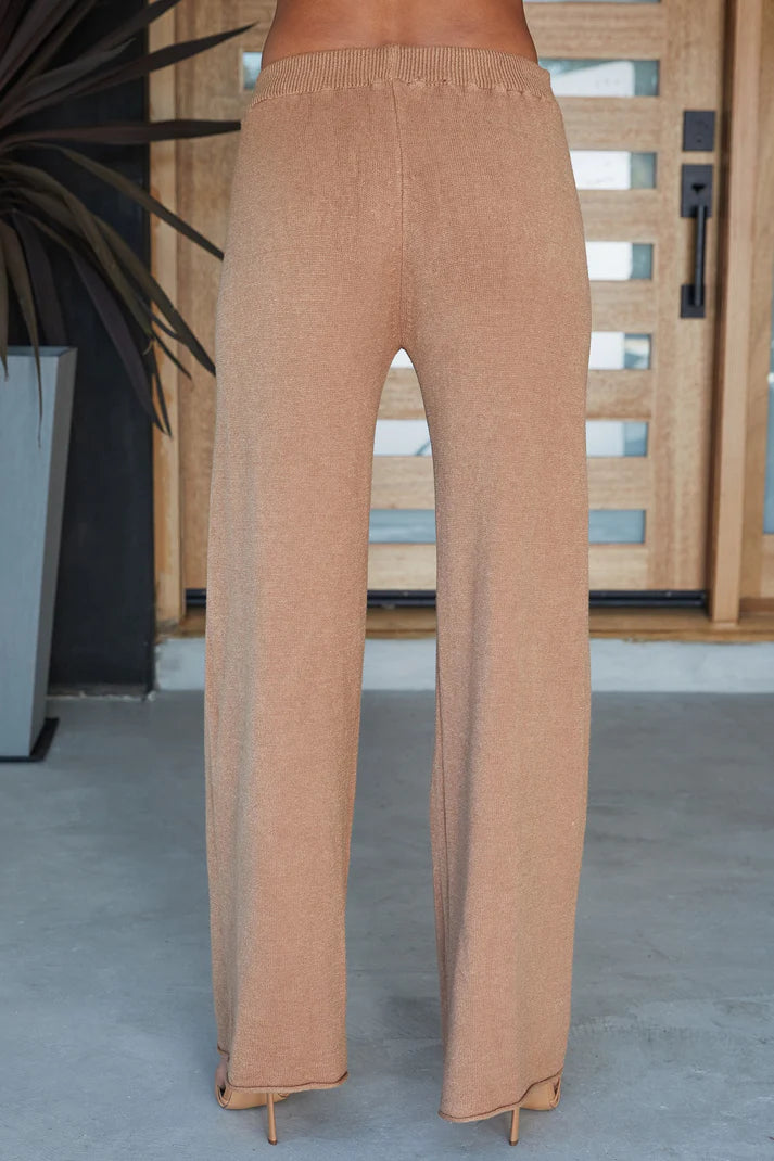 Italian Viscose Knit Cozy Flared Pant by Milio Milano in Camel