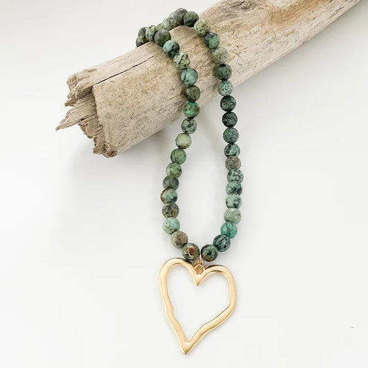 Gemstone Beaded Necklace w/XL Heart by Virtue Jewelry Design in Matte Jade