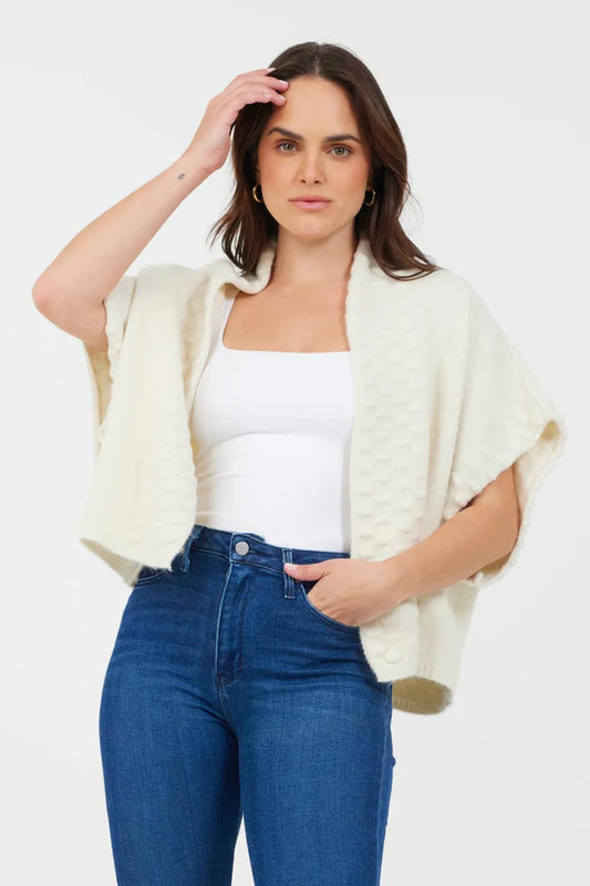 Teagan Short Sleeve Textured Front Knit Cardigan by Suzy D London in Winter White