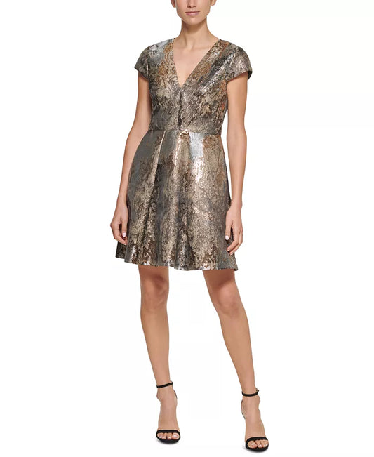 Jacquard Cap-sleeve Dress by Vince Camuto in Slate Gold