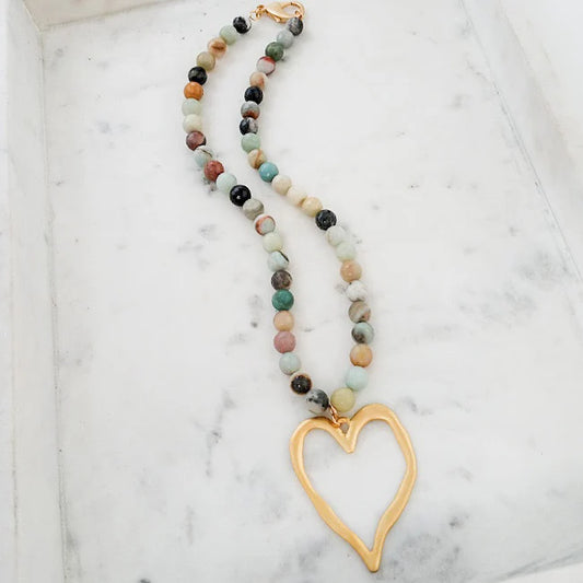 Gemstone Beaded Necklace w/ XL Heart in Robins Egg