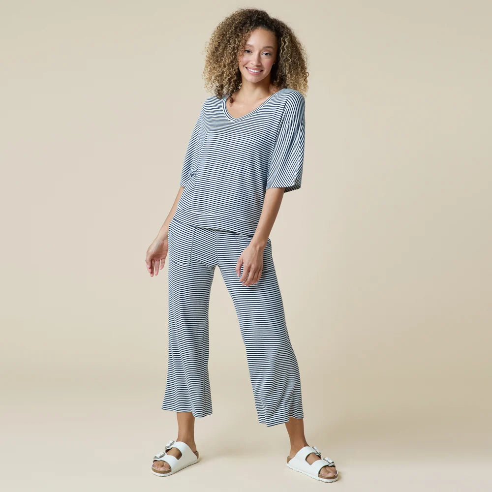 Dream Relaxed V-Neck Capri Lounge Set by Softies in Midnight Stripe