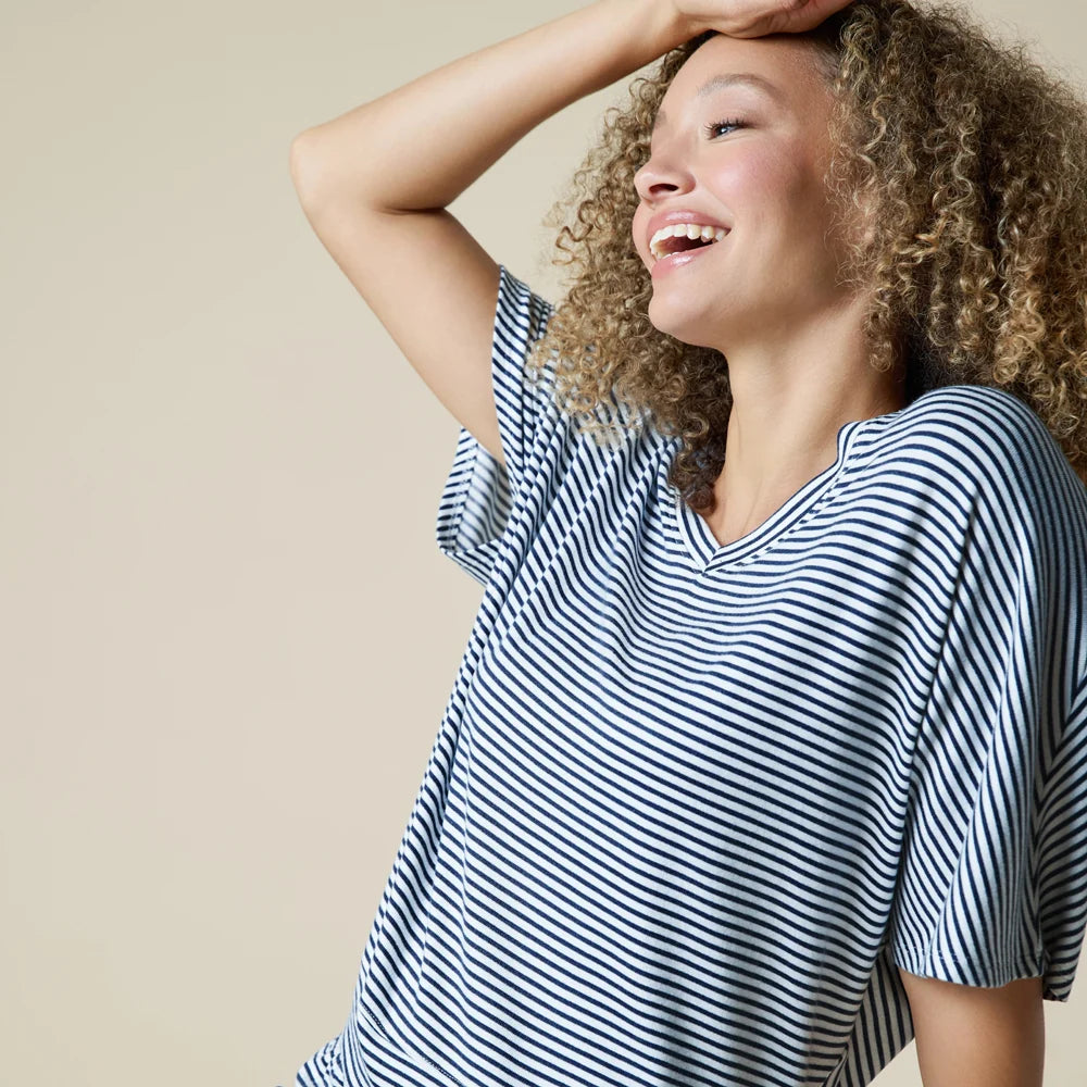 Dream Relaxed V-Neck Capri Lounge Set by Softies in Midnight Stripe