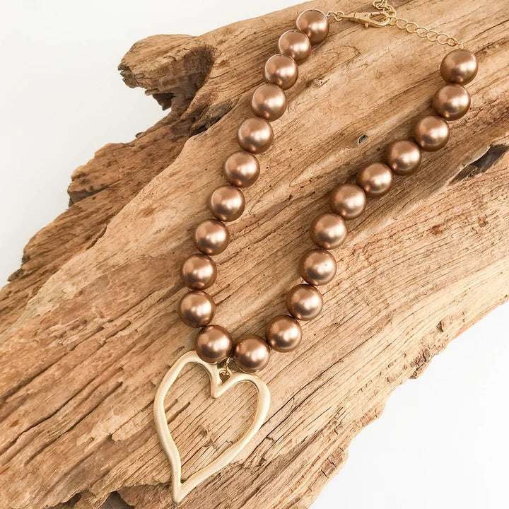 Heart Pendant on 16" Jumbo Round Shell Pearl Necklace by Virtue in Cognac