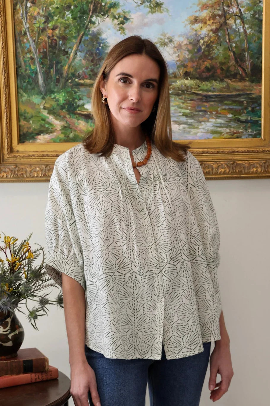 Poppy Blouse by Ex Voto in White & Hunter Green