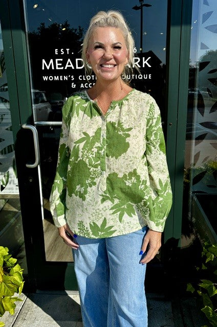 Cotton Blouse by Dolma in White and Green