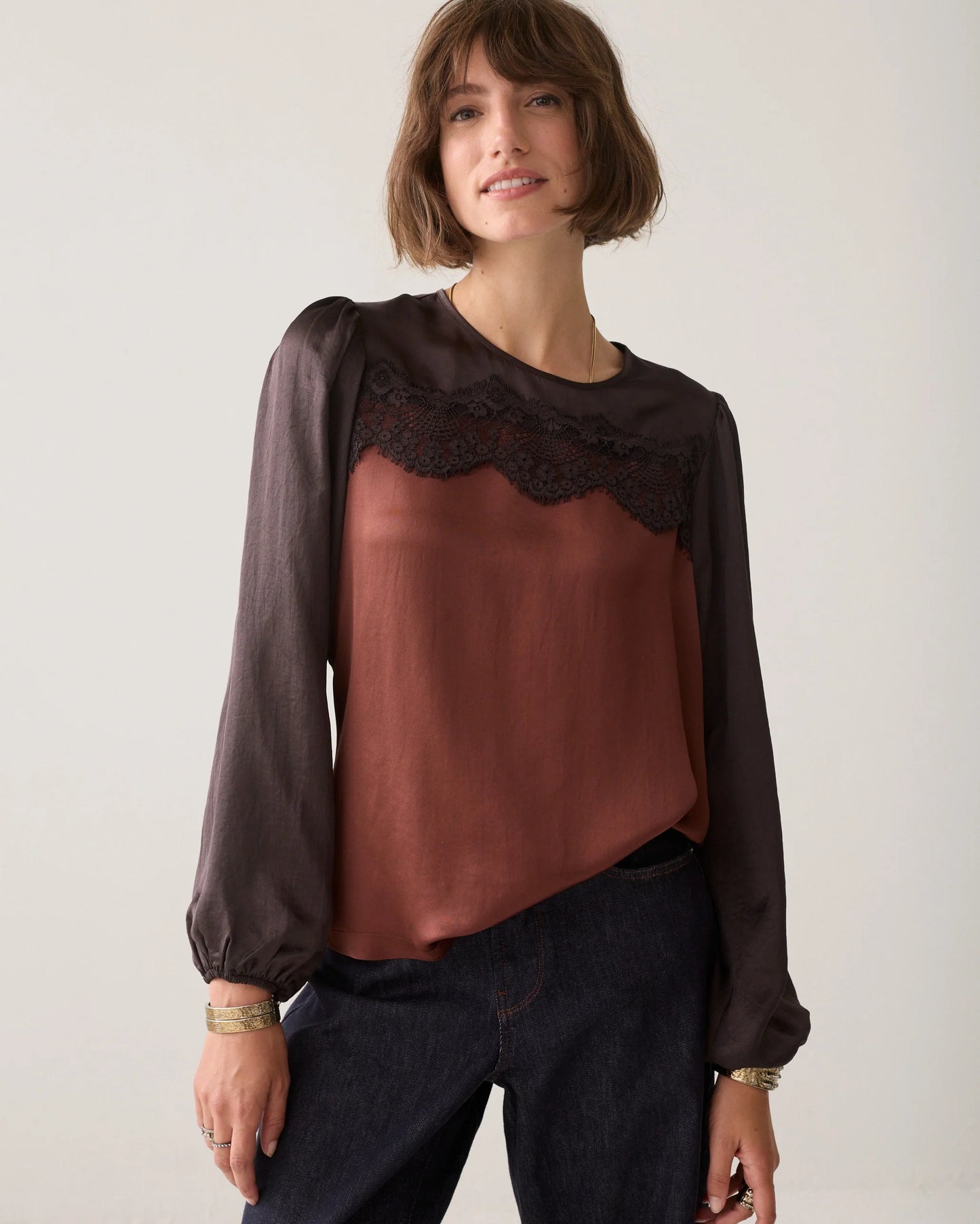 Two-Tone Lace Silky Casual Top by Summum in Dark Chocolate