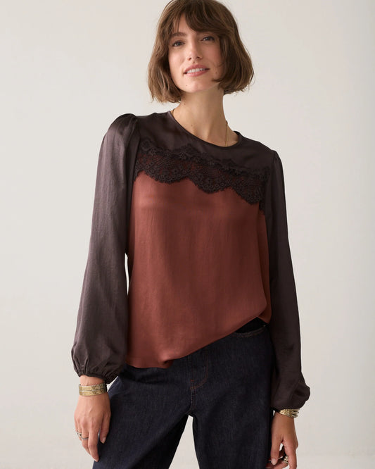 Two-Tone Lace Silky Casual Top by Summum in Dark Chocolate