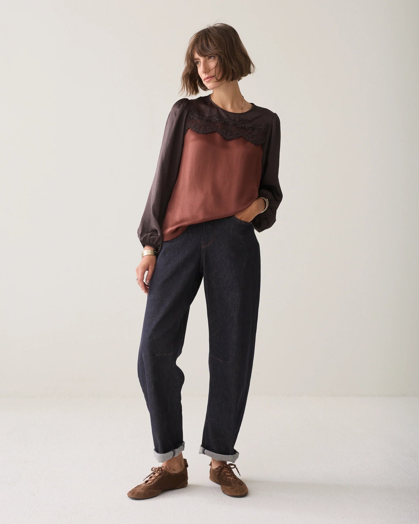 Two-Tone Lace Silky Casual Top by Summum in Dark Chocolate