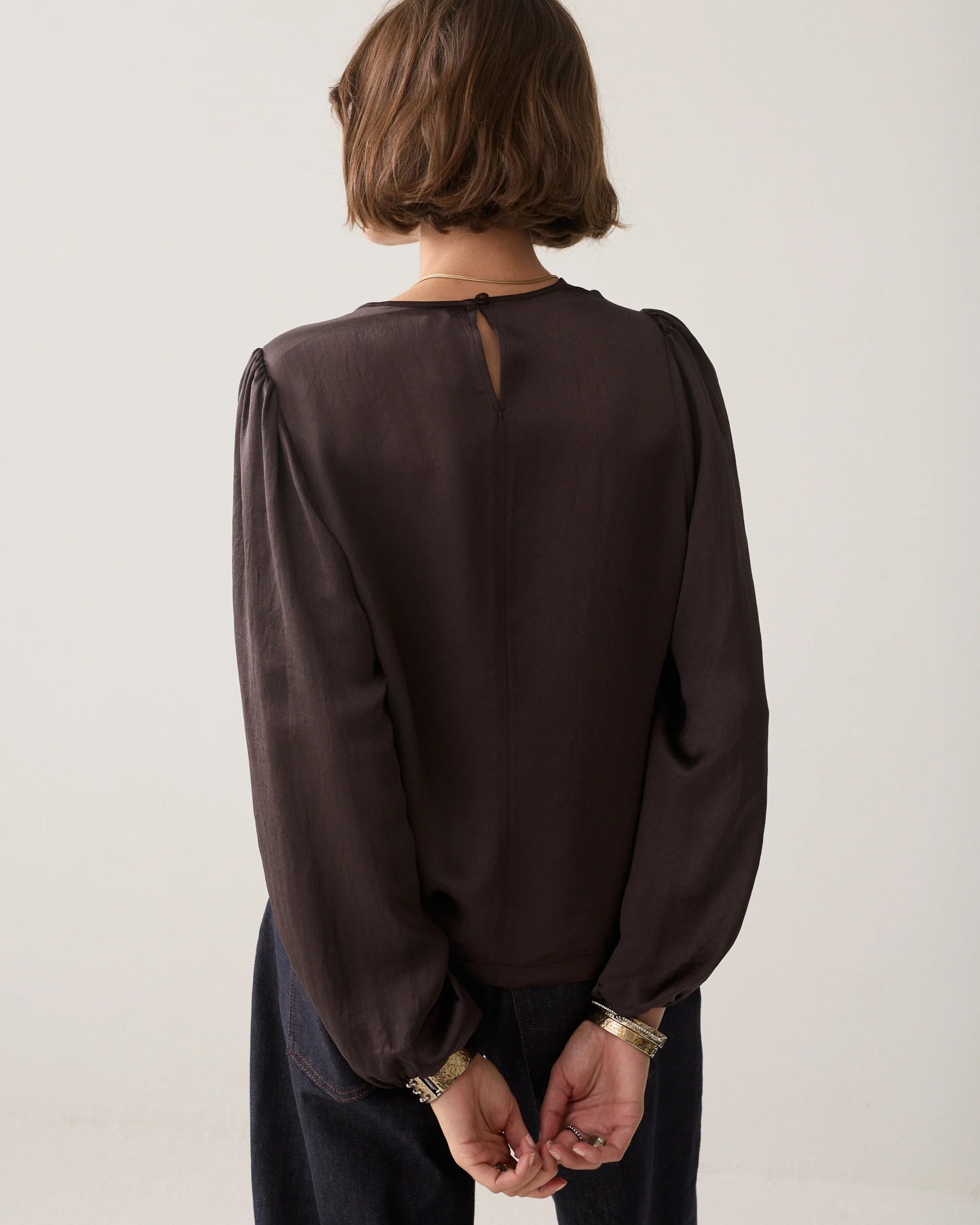 Two-Tone Lace Silky Casual Top by Summum in Dark Chocolate