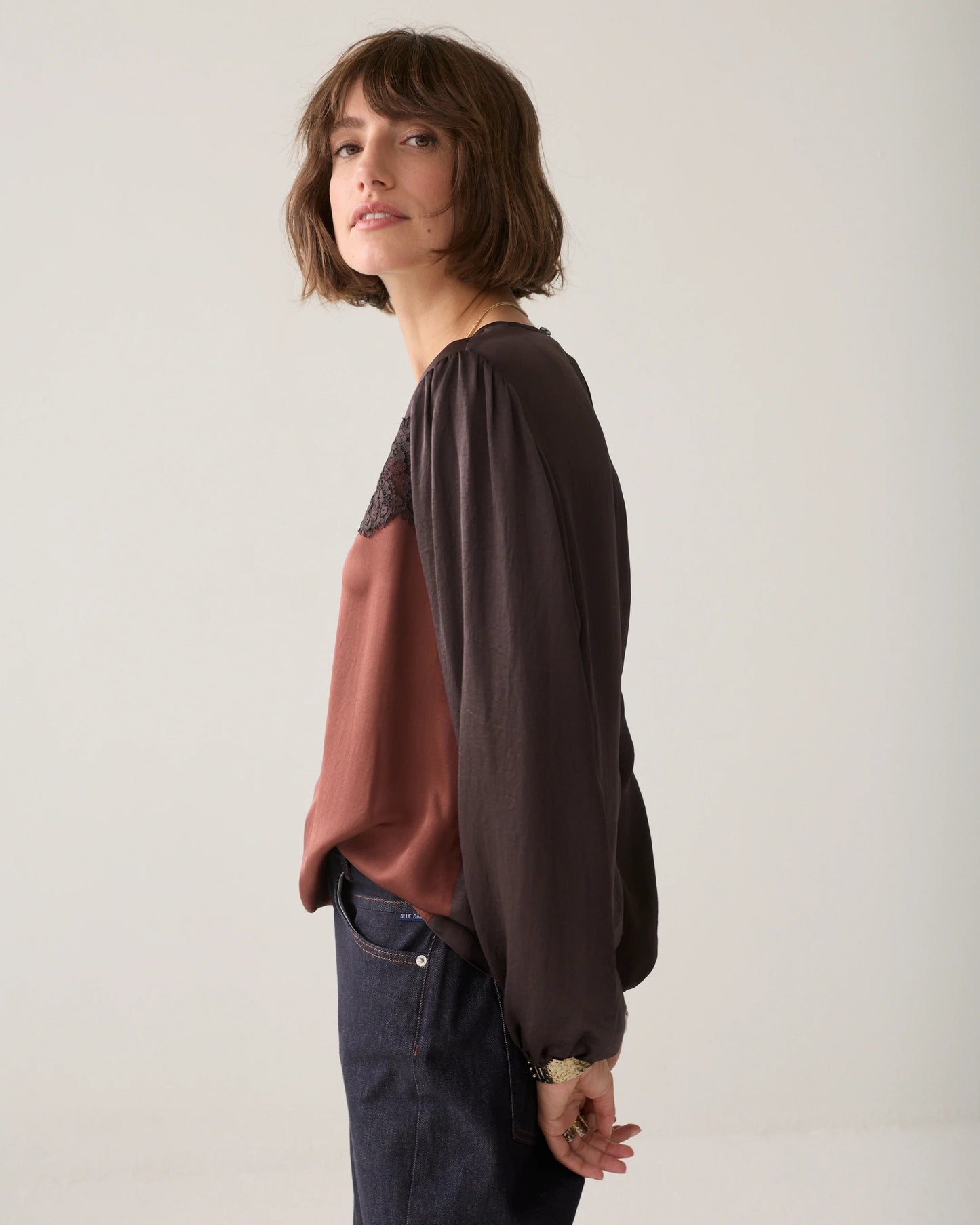 Two-Tone Lace Silky Casual Top by Summum in Dark Chocolate