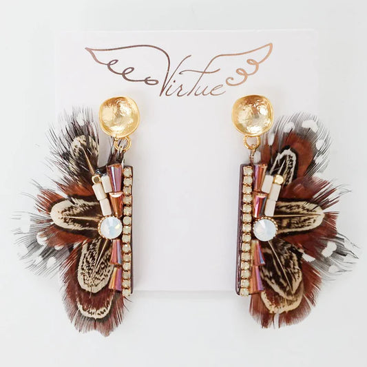 Hammered Post w/ Beaded Feather by Virtue Jewelry Design in Brown