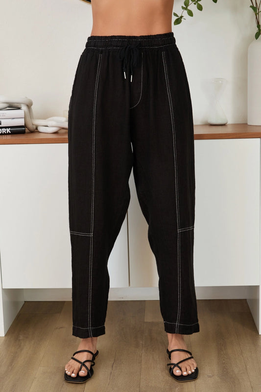 Drawstring Waistband Edge Stitch Detail by Milio Milano in Black