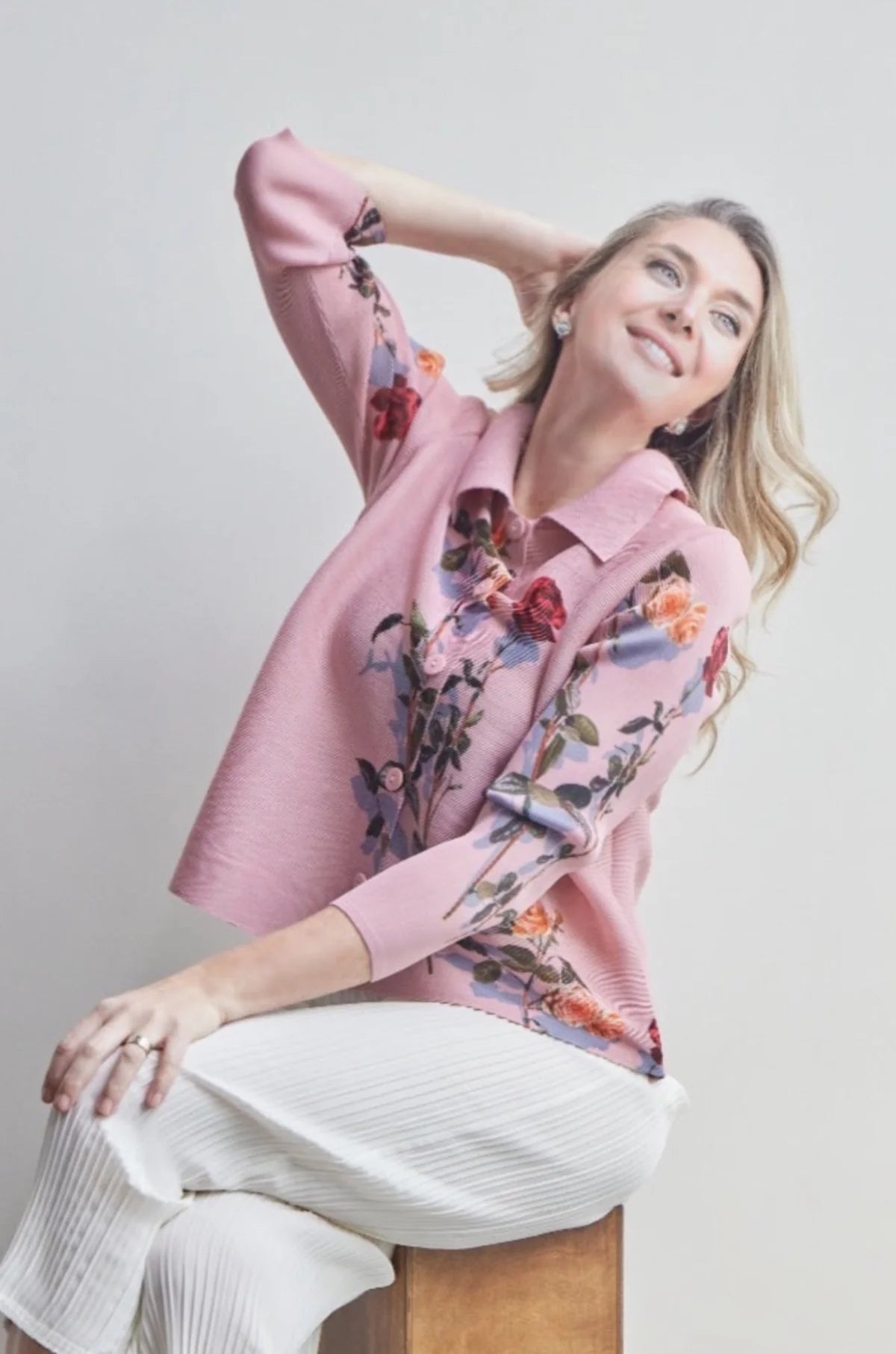 Elizabeth Rose Garden Crystal Pleats Shirt by Wild Cosmos in Pink Rose
