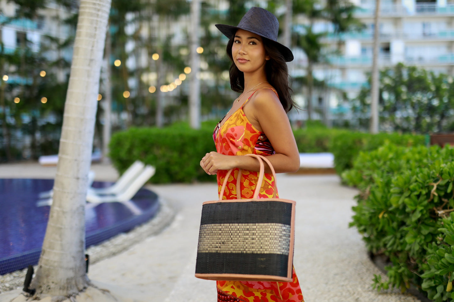 Small Wynwood Straw Tote Handbag w/Metallic Detailing by Shebobo in Black