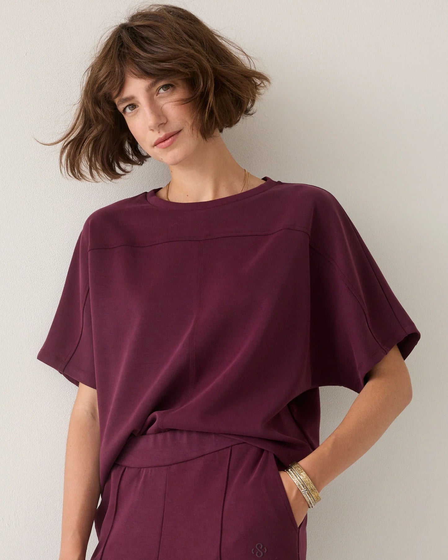 Boxy Soft Scuba Top by Summum in Dark Burgundy